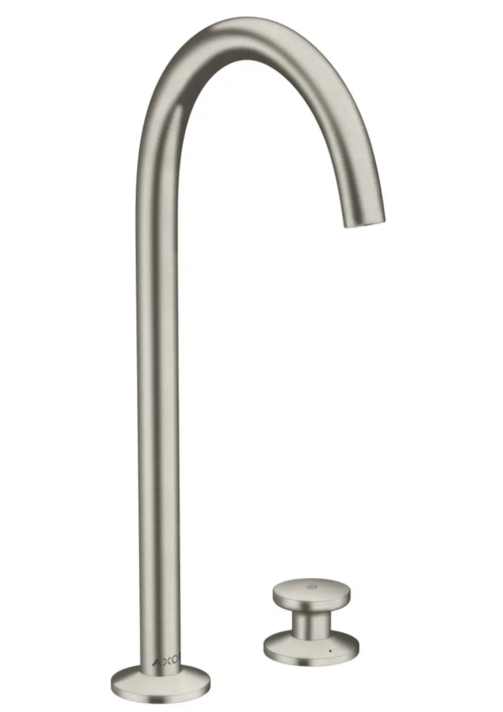 Edelstahl Optic Waschtischmischer von AXOR mit hohem, gebogenem Auslauf und separater Push-Open Ablaufgarnitur, geeignet für eine 2-Loch-Installation.